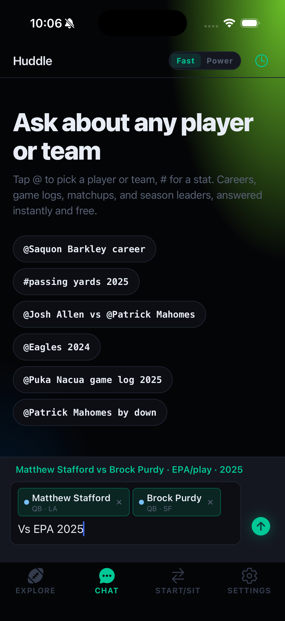 Chat screen with suggested queries like Saquon Barkley career, Josh Allen vs Patrick Mahomes, and passing yards 2025