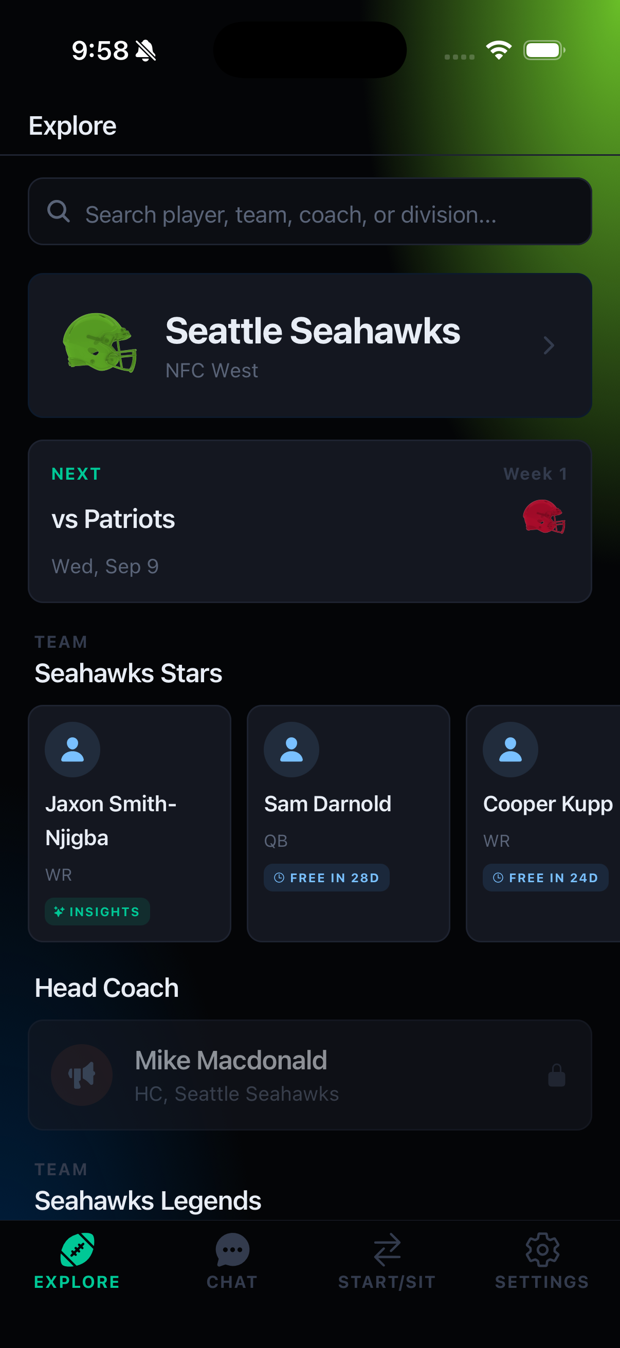 Explore home screen personalized to the Seattle Seahawks, with the next game, star players, and head coach